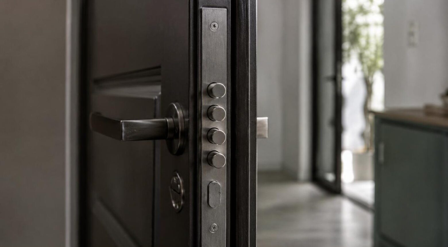 Canto de una puerta acorazada con los bulones y la placa de la cerradura
